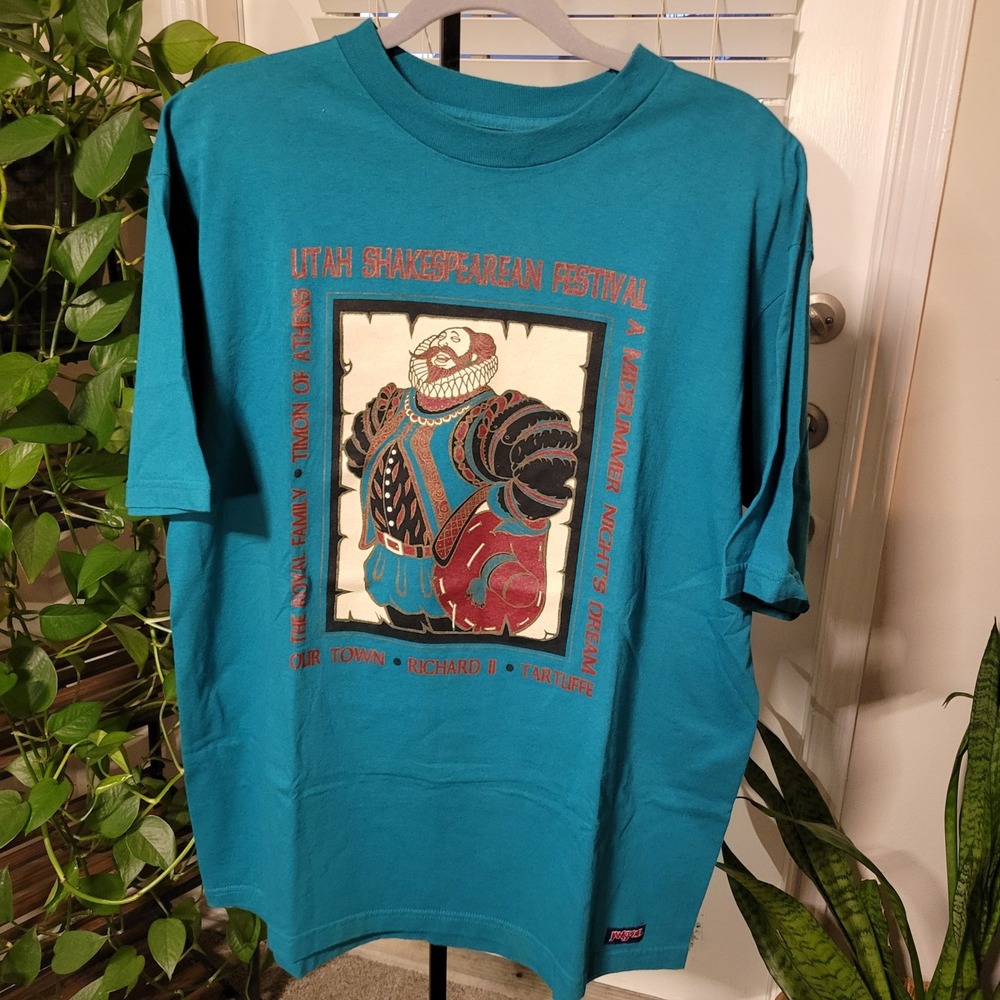 Vintage JanSport Utah Shakespearean Festival T-Shirt XL Teal Made in USA Graphic